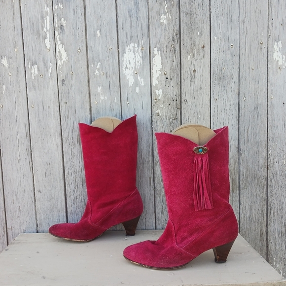Vtg 70s Red Suede Western Cowgirl Boots Women's Size 8M High Heel Fringe Boho - Picture 2 of 8